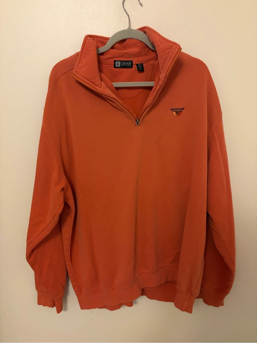 Vintage Gear For Sports orange quarter zip sweatshirt with Mackinaw logo